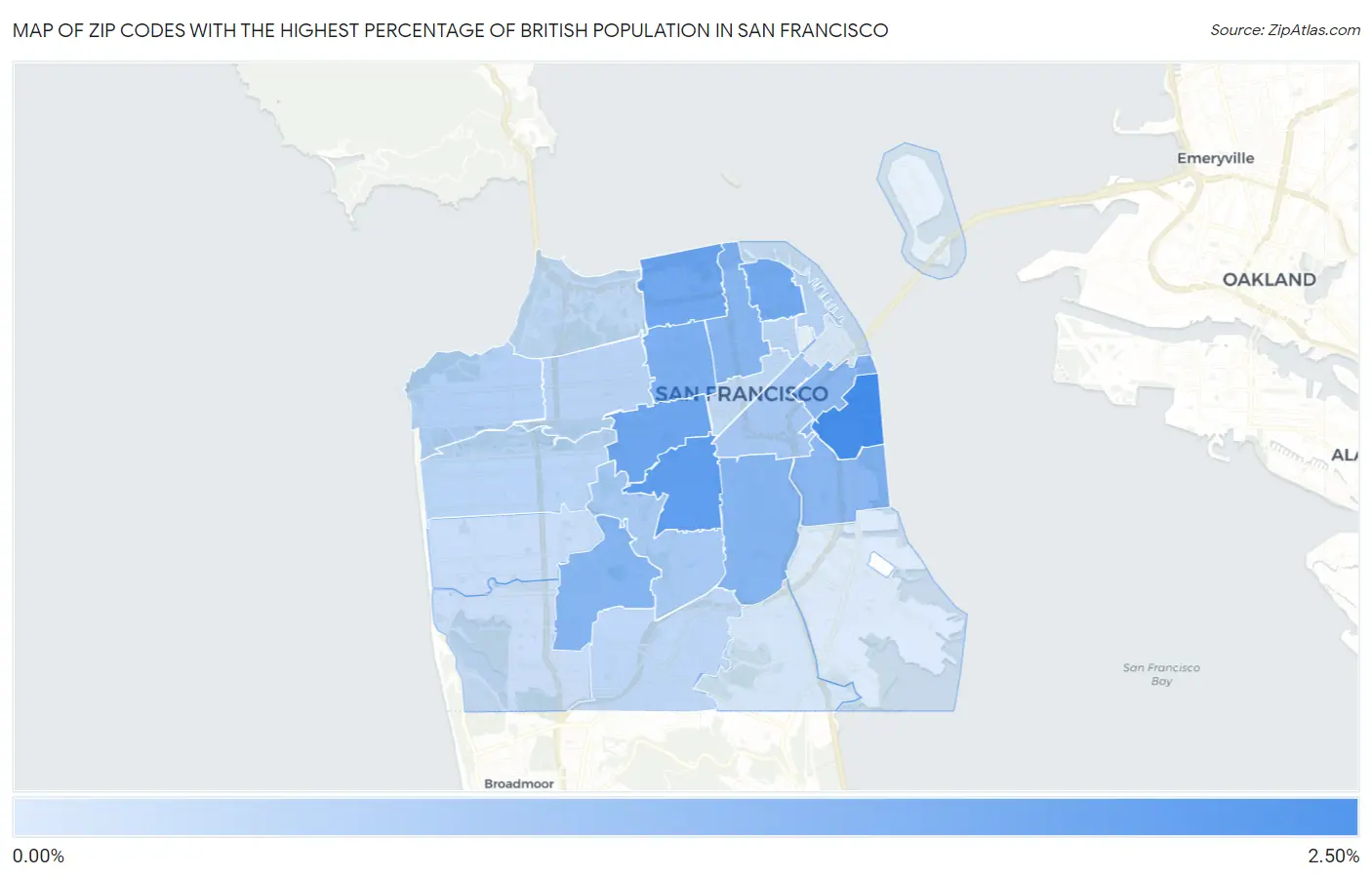 Zip Codes with the Highest Percentage of British Population in San Francisco Map