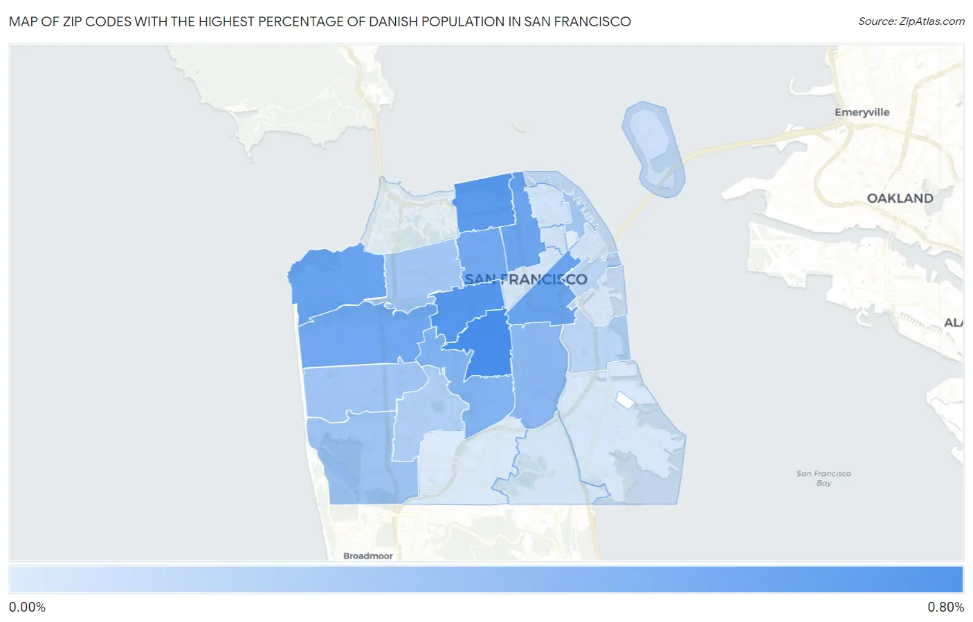 Zip Codes with the Highest Percentage of Danish Population in San Francisco Map