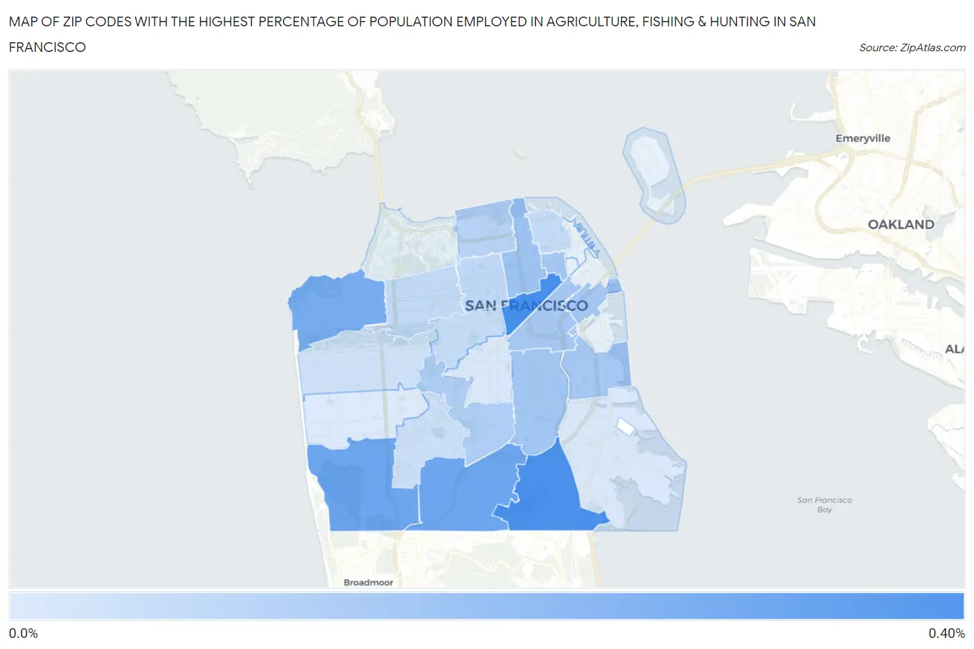Zip Codes with the Highest Percentage of Population Employed in Agriculture, Fishing & Hunting in San Francisco Map