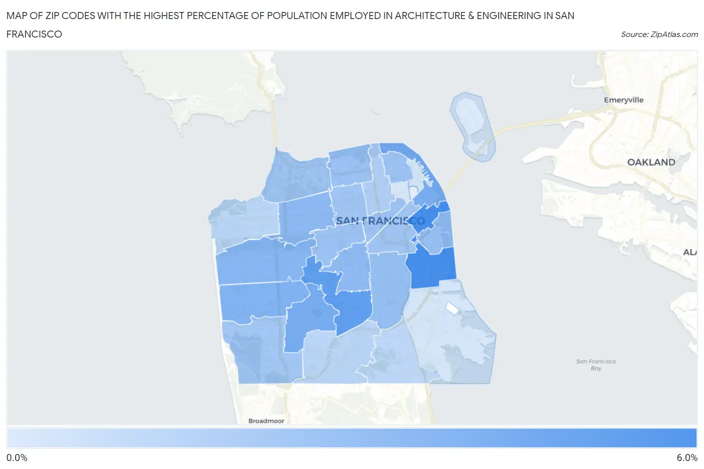 Zip Codes with the Highest Percentage of Population Employed in Architecture & Engineering in San Francisco Map