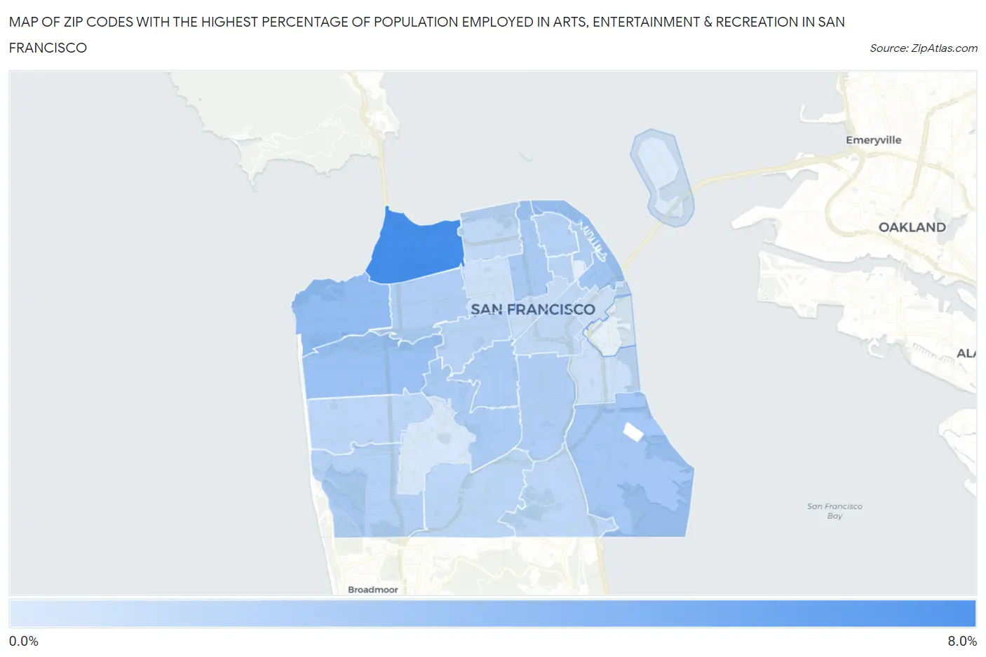 Zip Codes with the Highest Percentage of Population Employed in Arts, Entertainment & Recreation in San Francisco Map