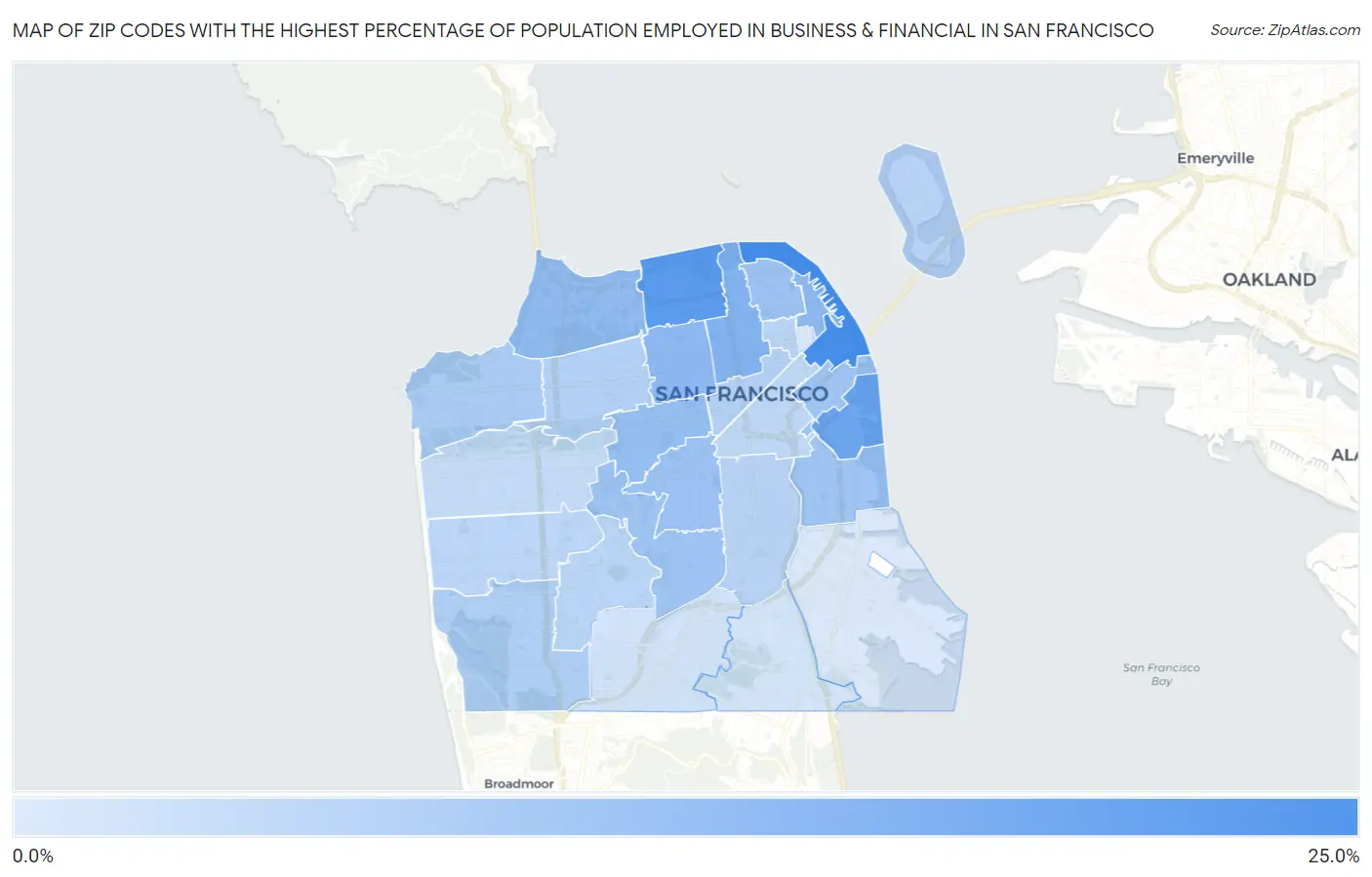 Zip Codes with the Highest Percentage of Population Employed in Business & Financial in San Francisco Map