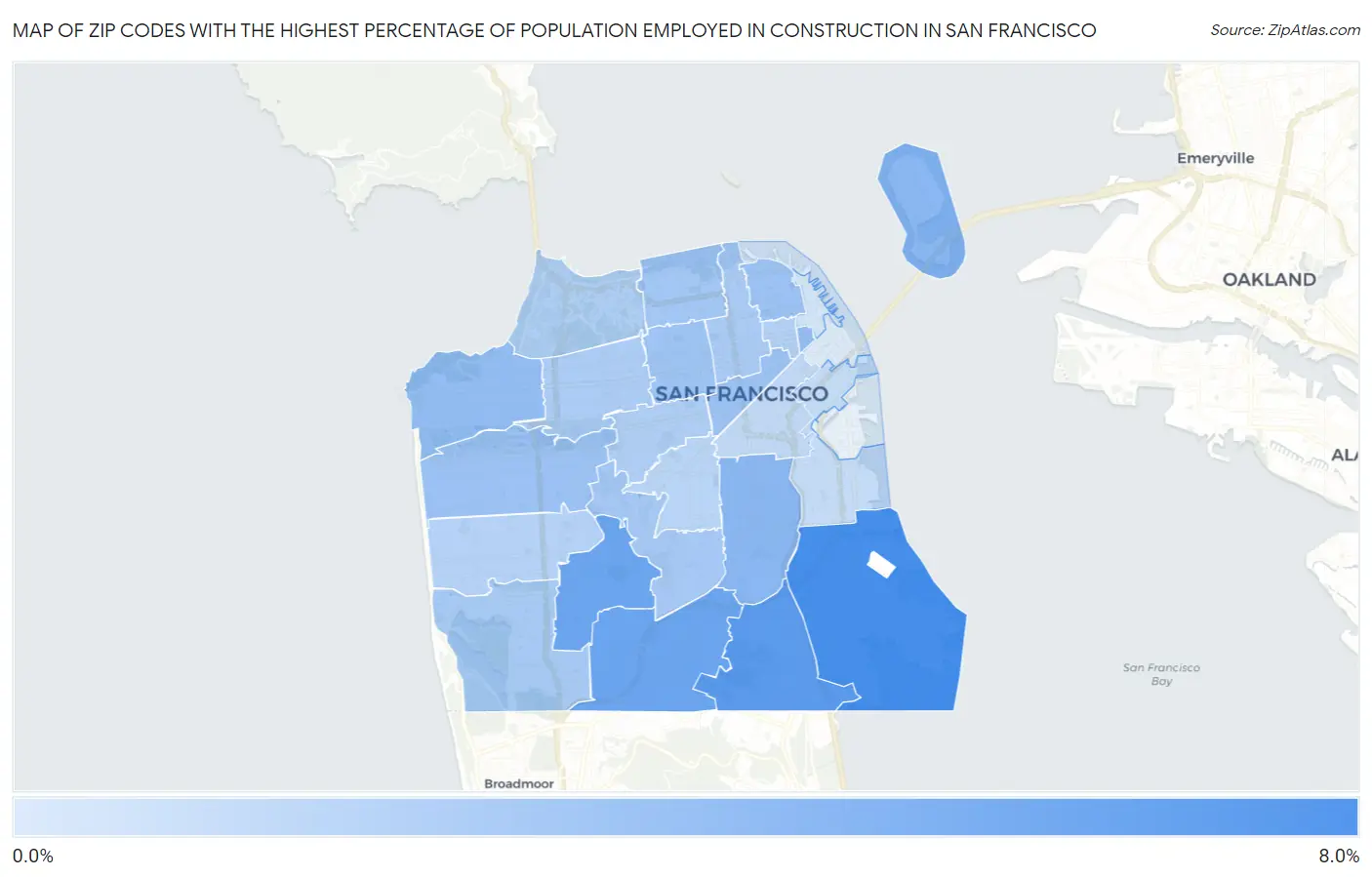 Zip Codes with the Highest Percentage of Population Employed in Construction in San Francisco Map