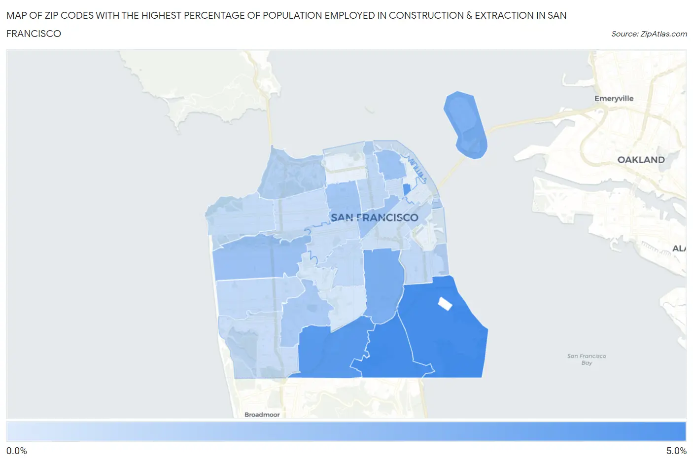 Zip Codes with the Highest Percentage of Population Employed in Construction & Extraction in San Francisco Map