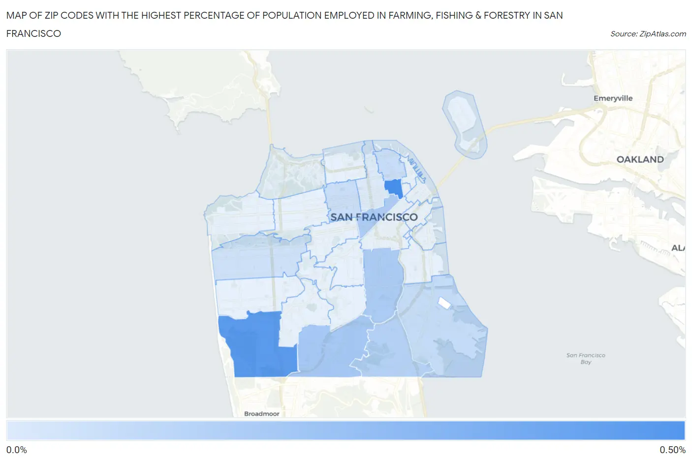 Zip Codes with the Highest Percentage of Population Employed in Farming, Fishing & Forestry in San Francisco Map