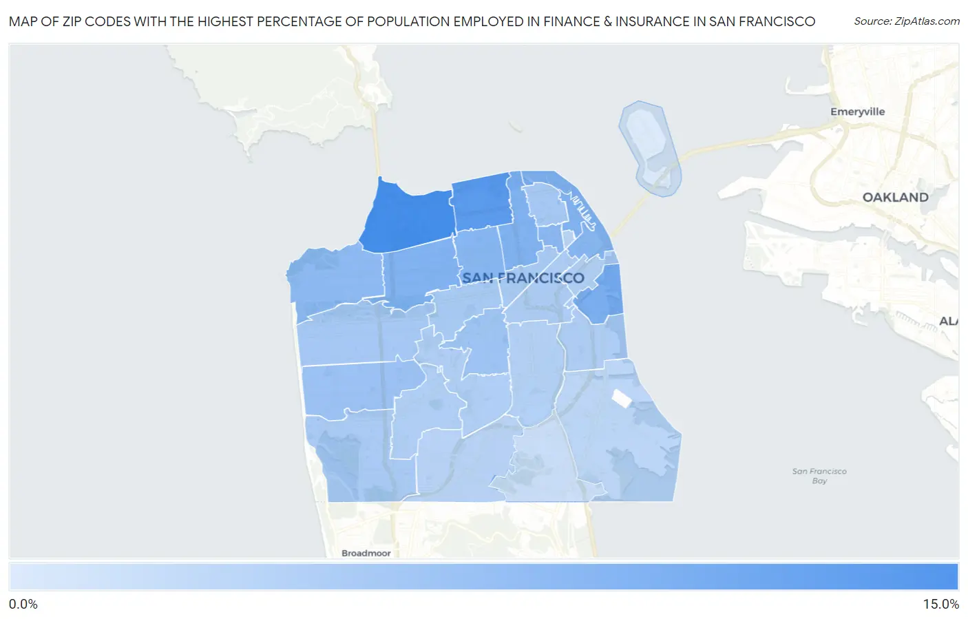 Zip Codes with the Highest Percentage of Population Employed in Finance & Insurance in San Francisco Map