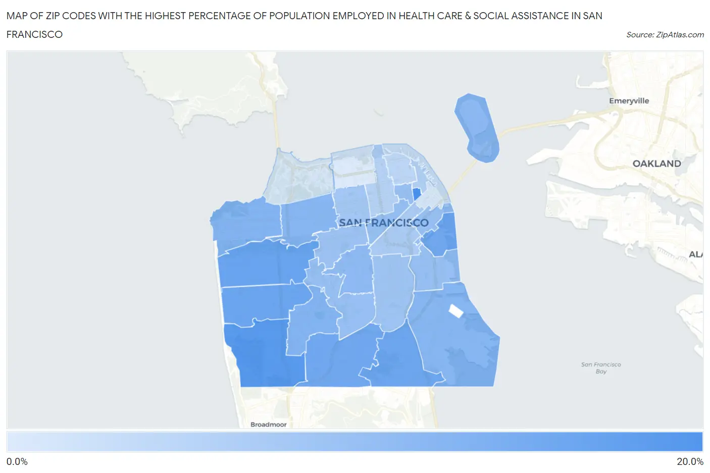 Zip Codes with the Highest Percentage of Population Employed in Health Care & Social Assistance in San Francisco Map