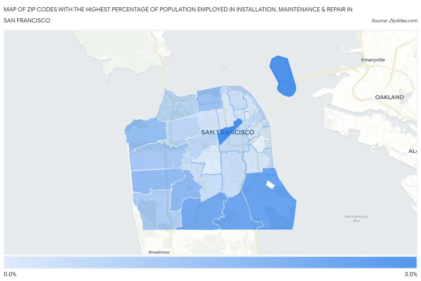 Zip Codes with the Highest Percentage of Population Employed in Installation, Maintenance & Repair in San Francisco Map