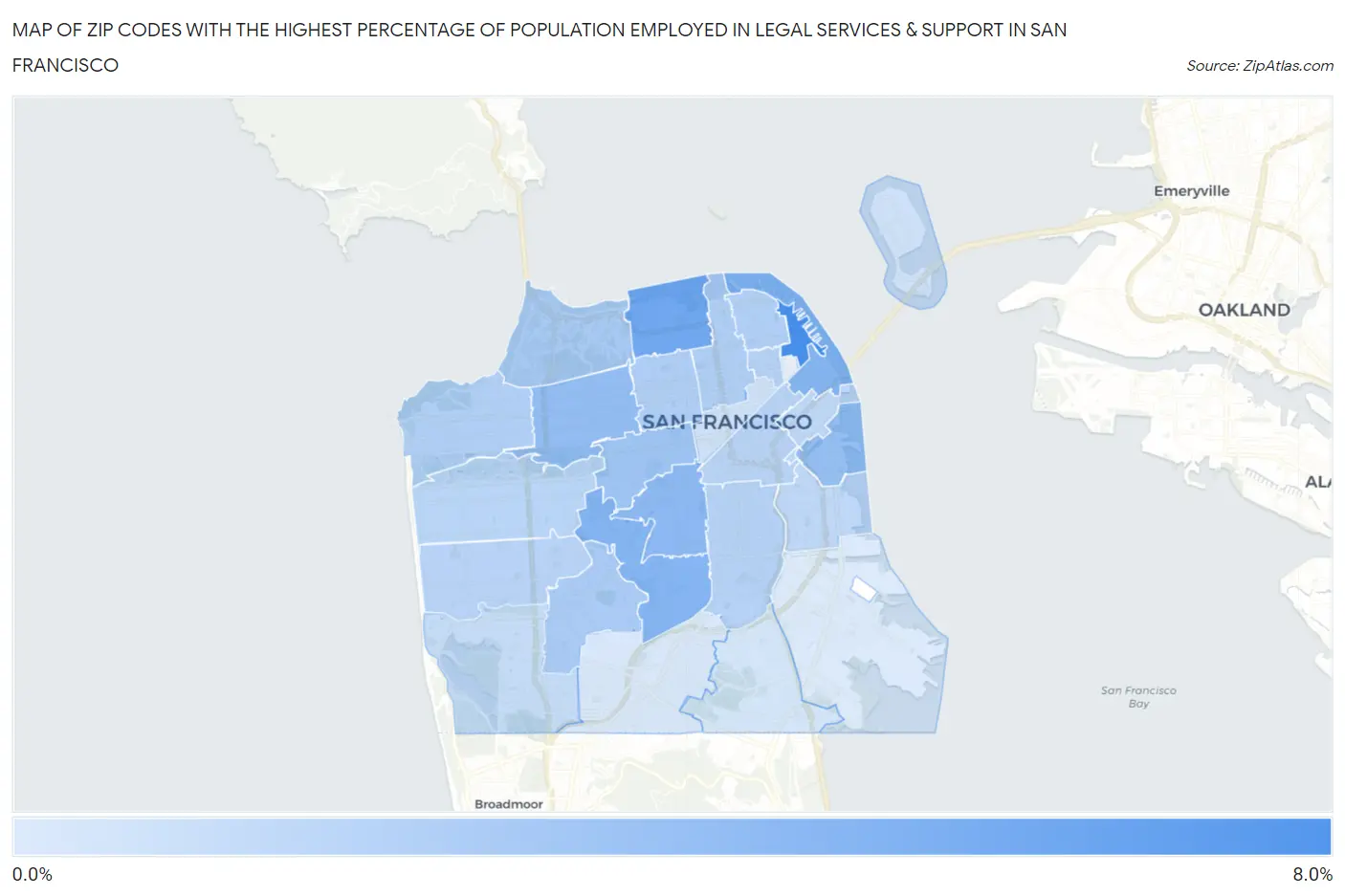 Zip Codes with the Highest Percentage of Population Employed in Legal Services & Support in San Francisco Map
