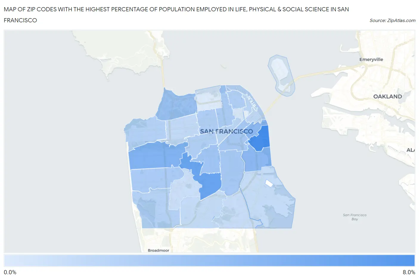 Zip Codes with the Highest Percentage of Population Employed in Life, Physical & Social Science in San Francisco Map