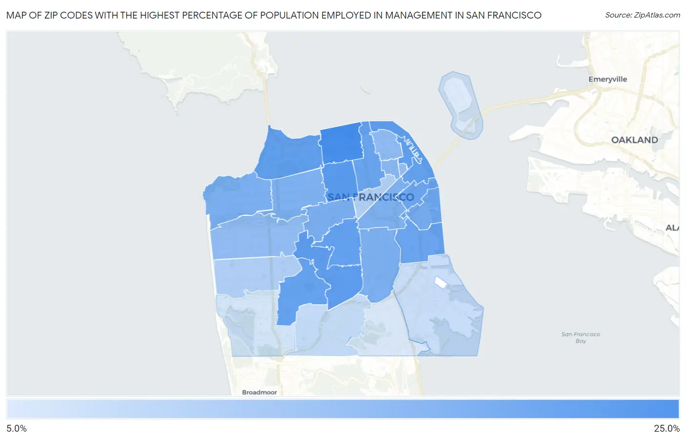 Zip Codes with the Highest Percentage of Population Employed in Management in San Francisco Map
