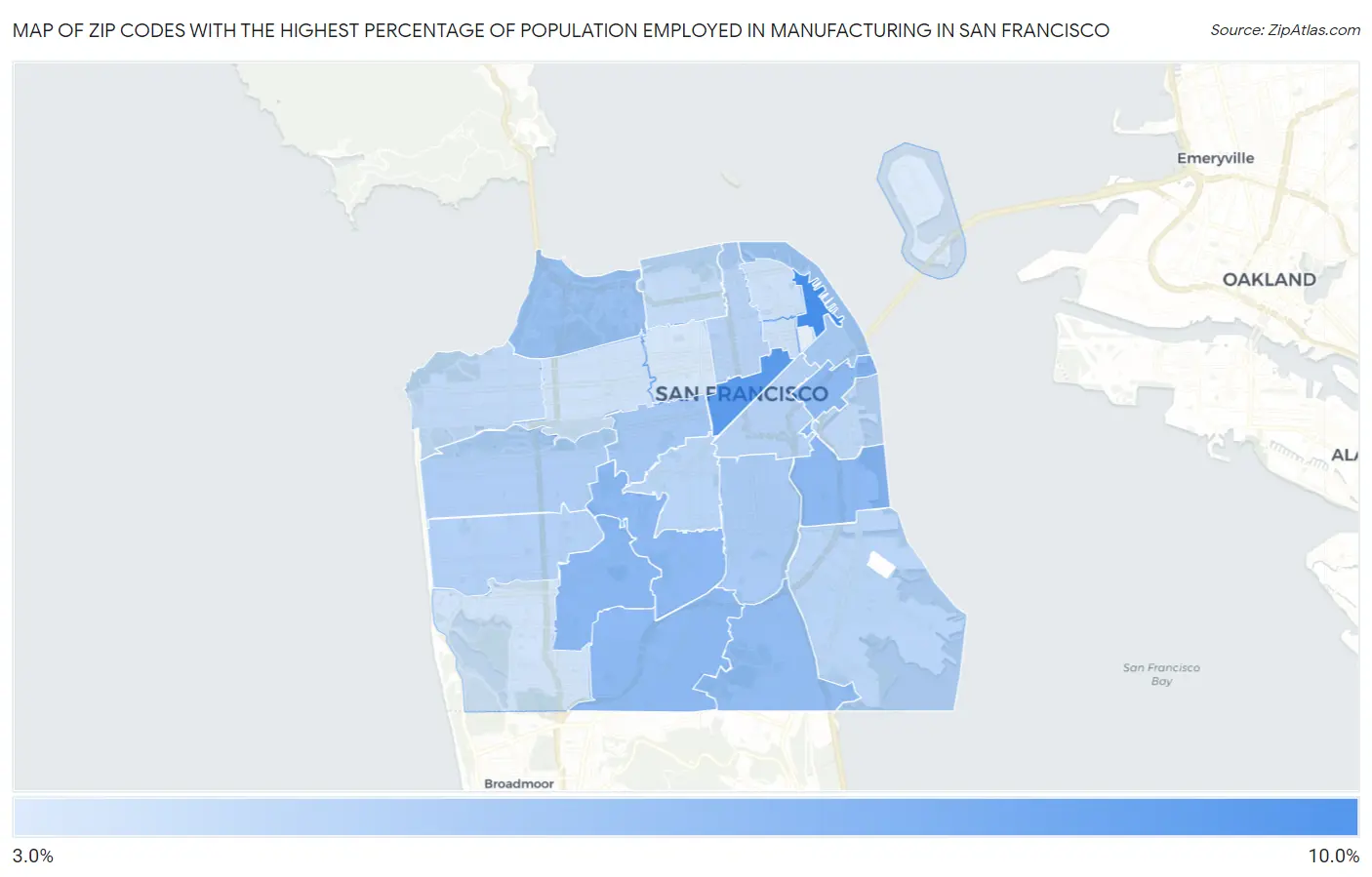 Zip Codes with the Highest Percentage of Population Employed in Manufacturing in San Francisco Map