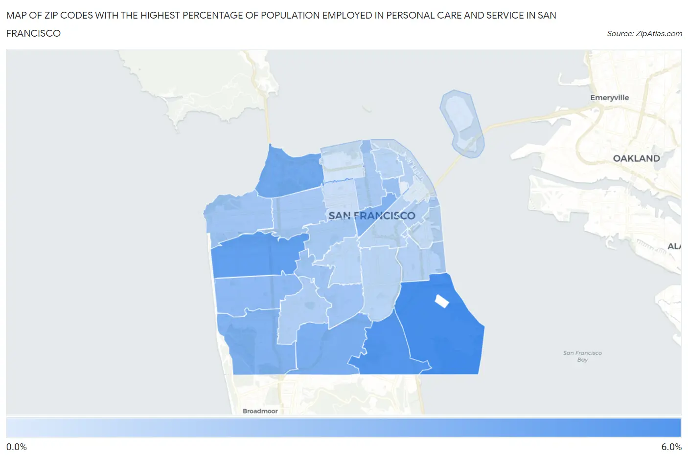 Zip Codes with the Highest Percentage of Population Employed in Personal Care and Service in San Francisco Map