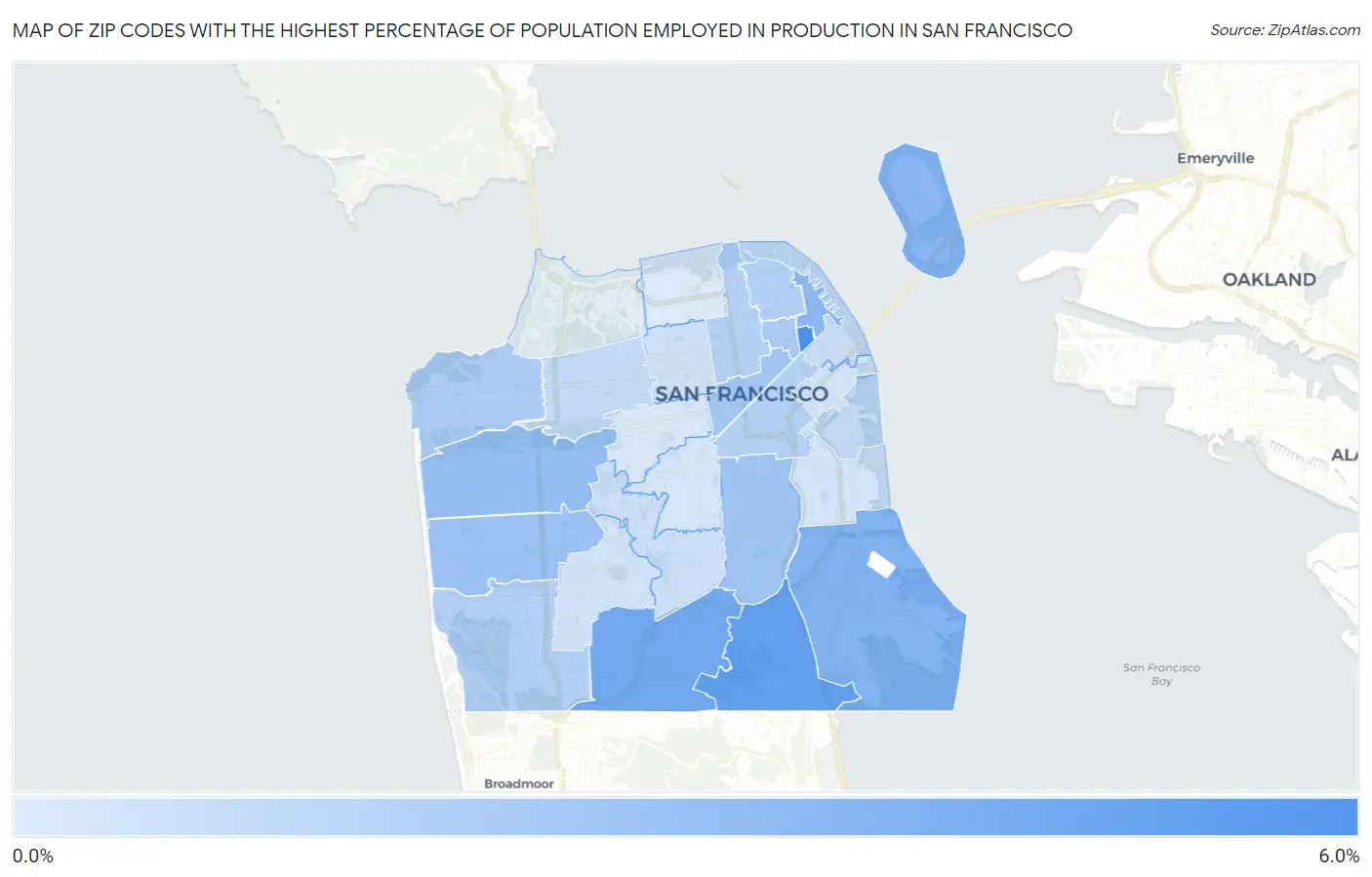 Zip Codes with the Highest Percentage of Population Employed in Production in San Francisco Map