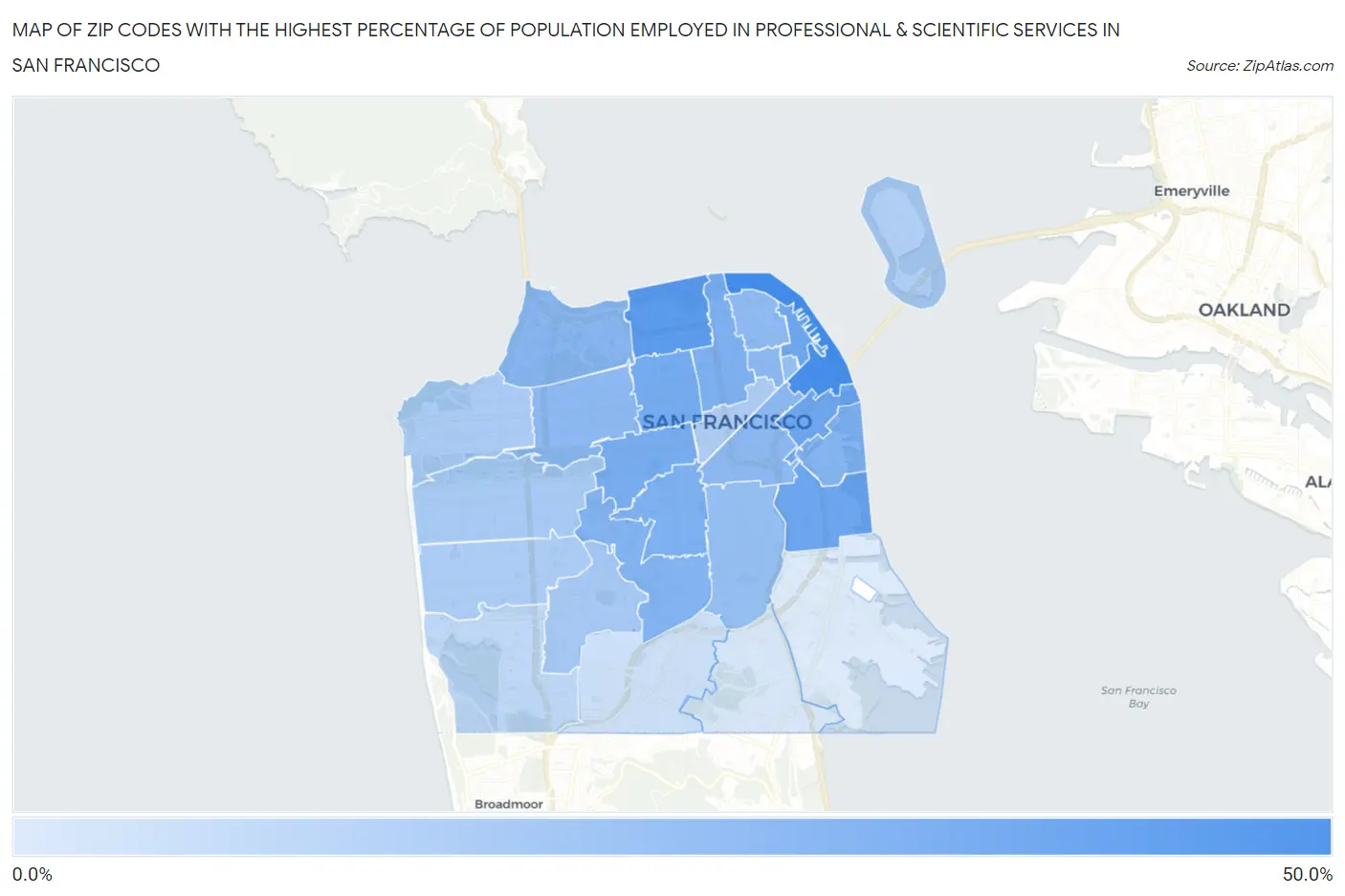 Zip Codes with the Highest Percentage of Population Employed in Professional & Scientific Services in San Francisco Map