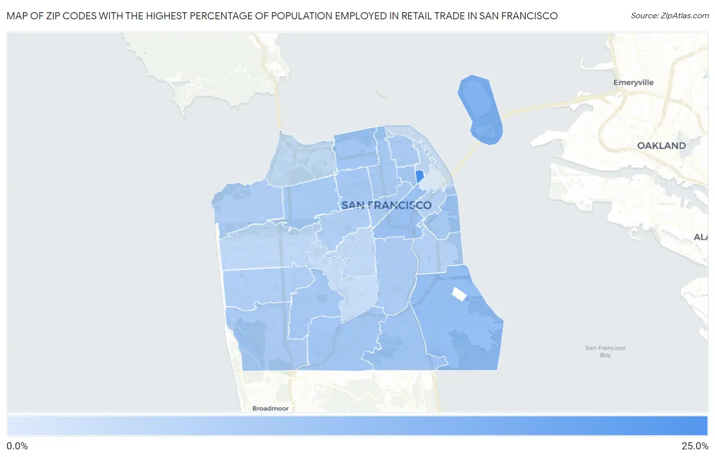 Zip Codes with the Highest Percentage of Population Employed in Retail Trade in San Francisco Map