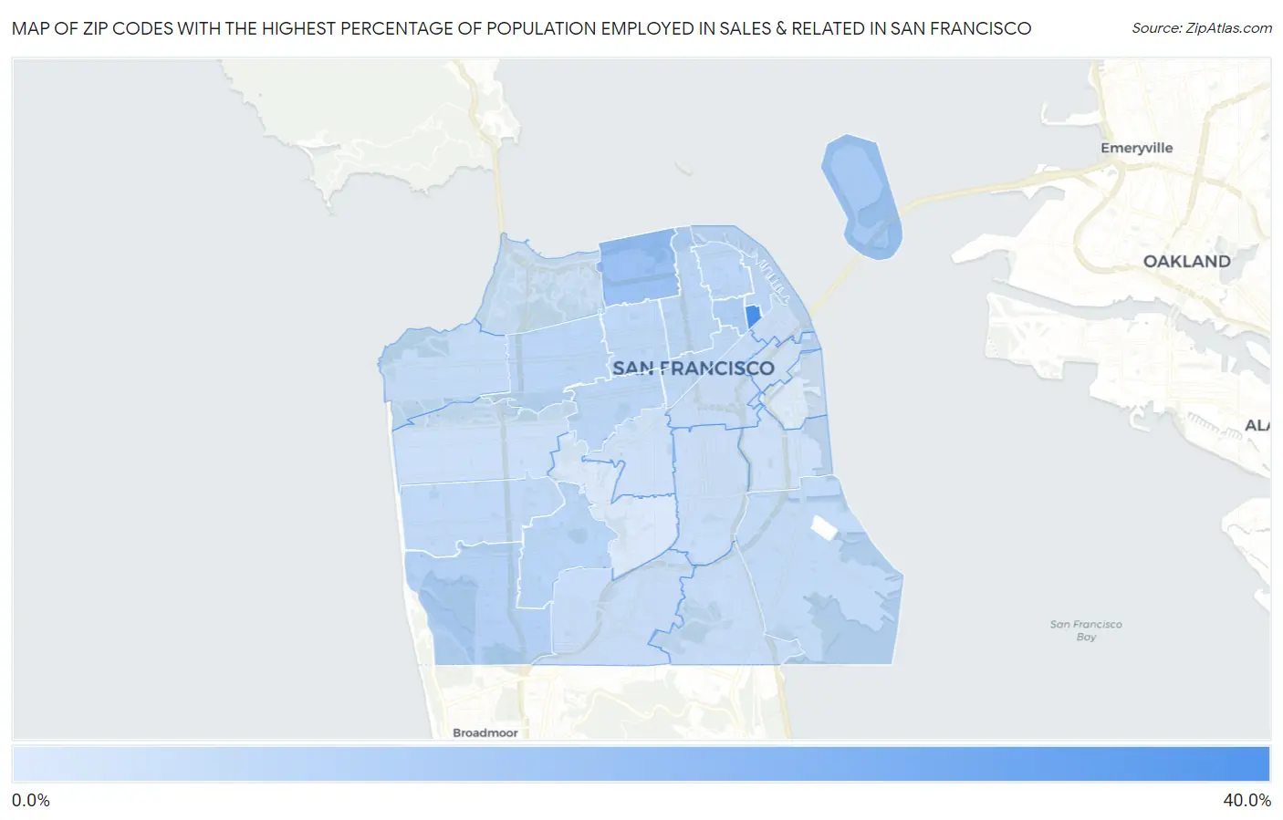 Zip Codes with the Highest Percentage of Population Employed in Sales & Related in San Francisco Map