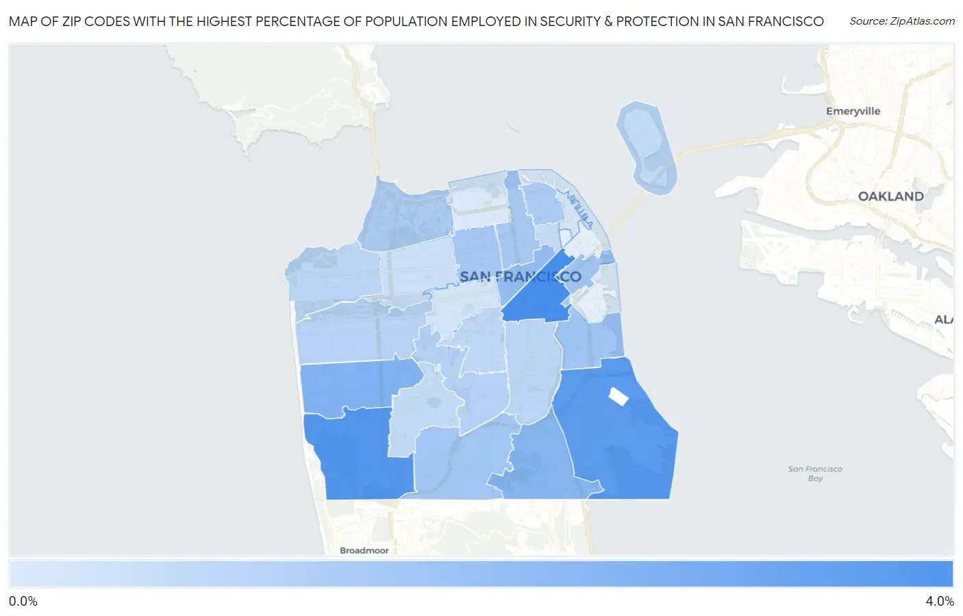 Zip Codes with the Highest Percentage of Population Employed in Security & Protection in San Francisco Map