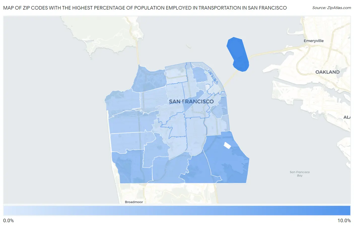 Zip Codes with the Highest Percentage of Population Employed in Transportation in San Francisco Map