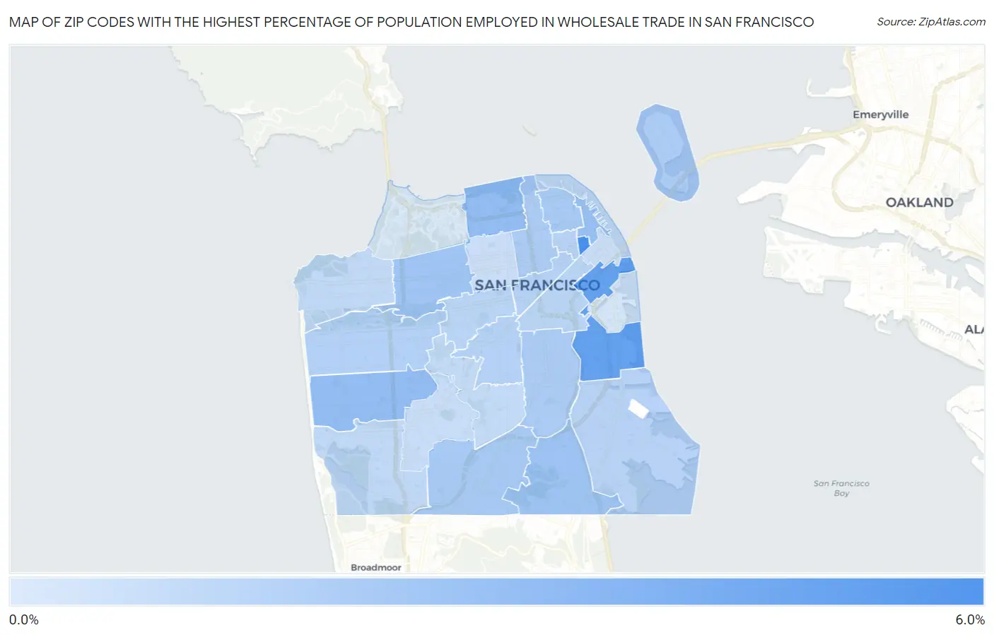 Zip Codes with the Highest Percentage of Population Employed in Wholesale Trade in San Francisco Map