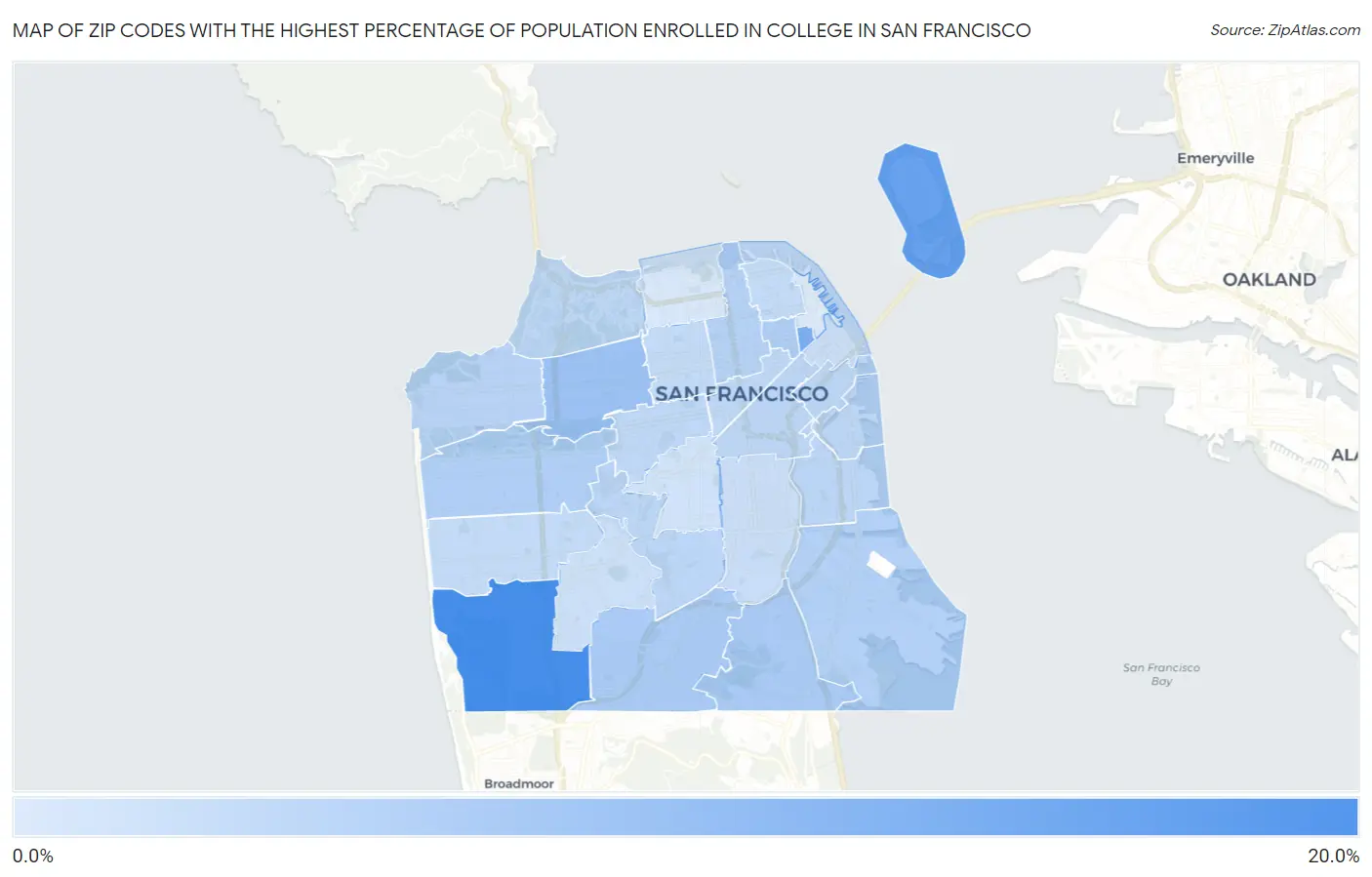 Zip Codes with the Highest Percentage of Population Enrolled in College in San Francisco Map