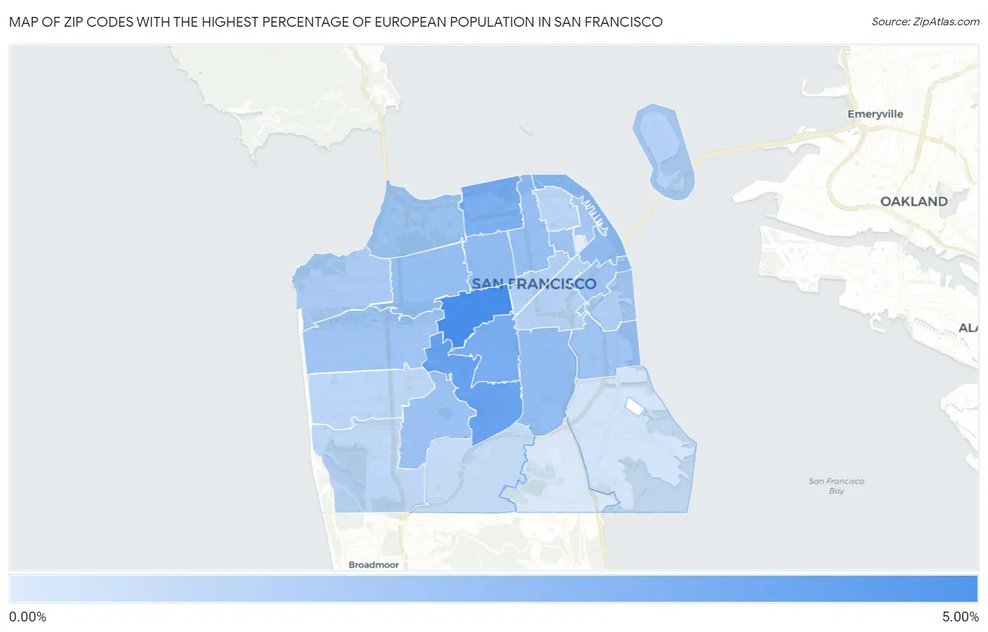 Zip Codes with the Highest Percentage of European Population in San Francisco Map