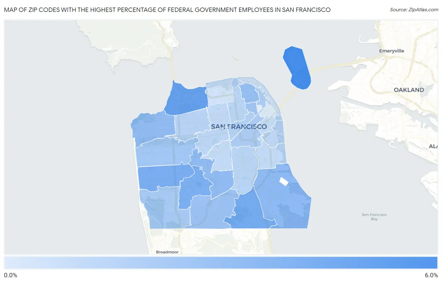 Zip Codes with the Highest Percentage of Federal Government Employees in San Francisco Map