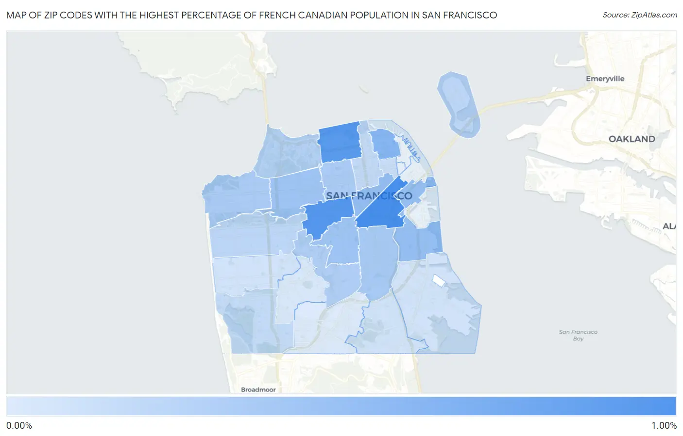 Zip Codes with the Highest Percentage of French Canadian Population in San Francisco Map
