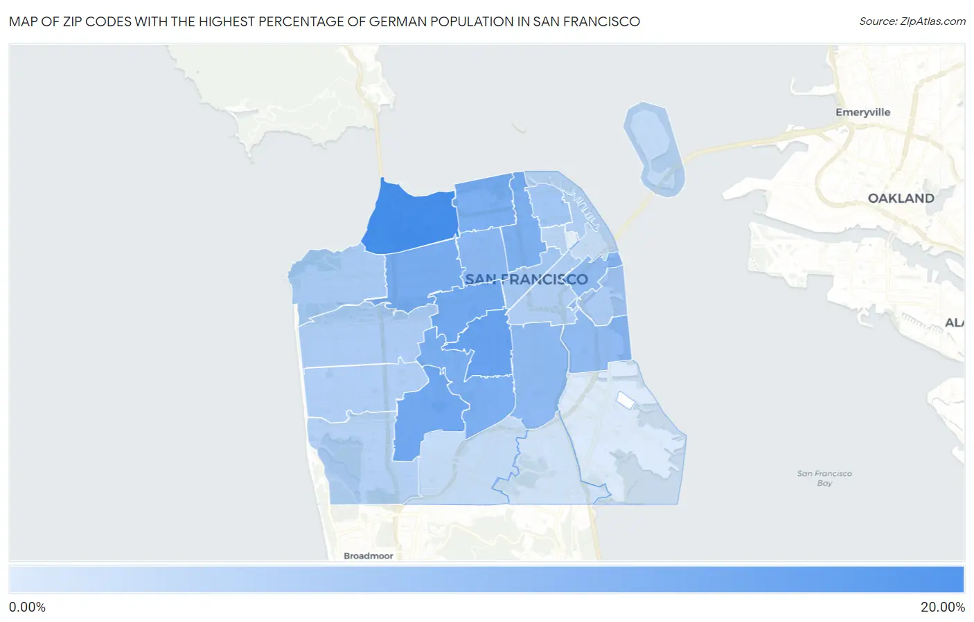 Zip Codes with the Highest Percentage of German Population in San Francisco Map