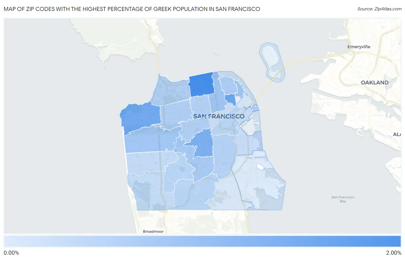 Zip Codes with the Highest Percentage of Greek Population in San Francisco Map