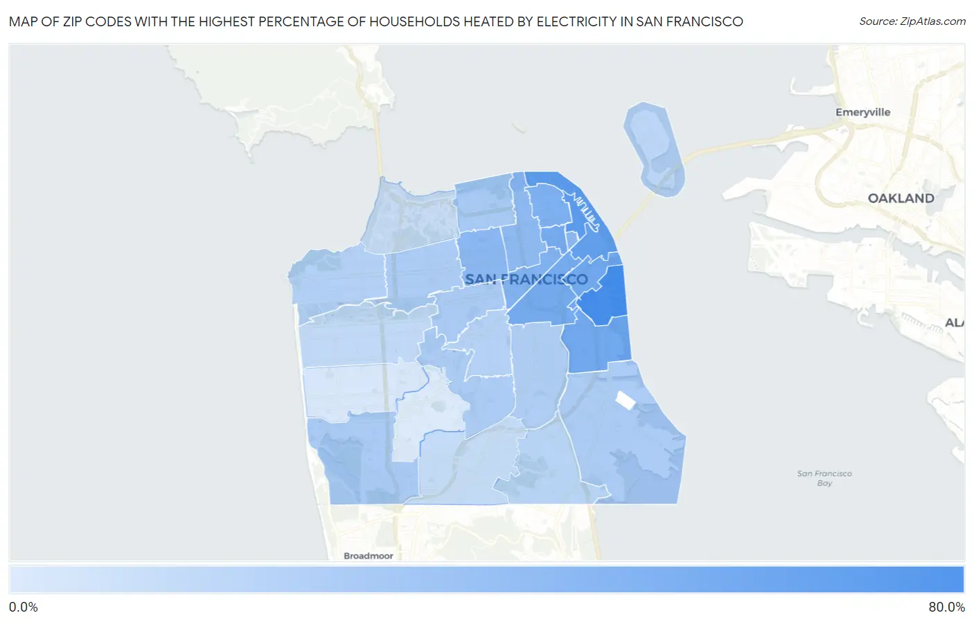 Zip Codes with the Highest Percentage of Households Heated by Electricity in San Francisco Map