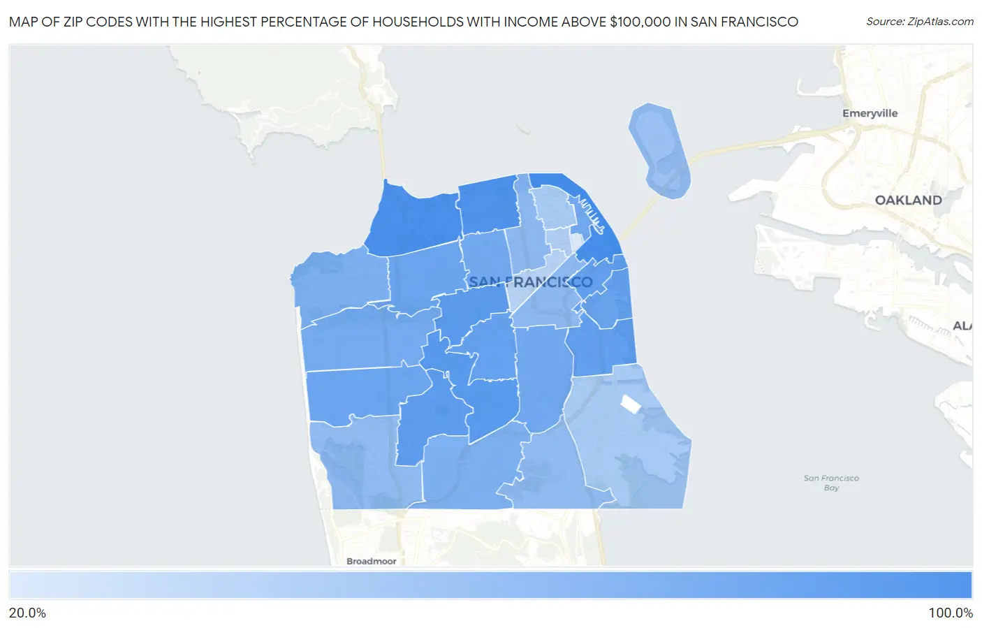 Zip Codes with the Highest Percentage of Households with Income Above $100,000 in San Francisco Map