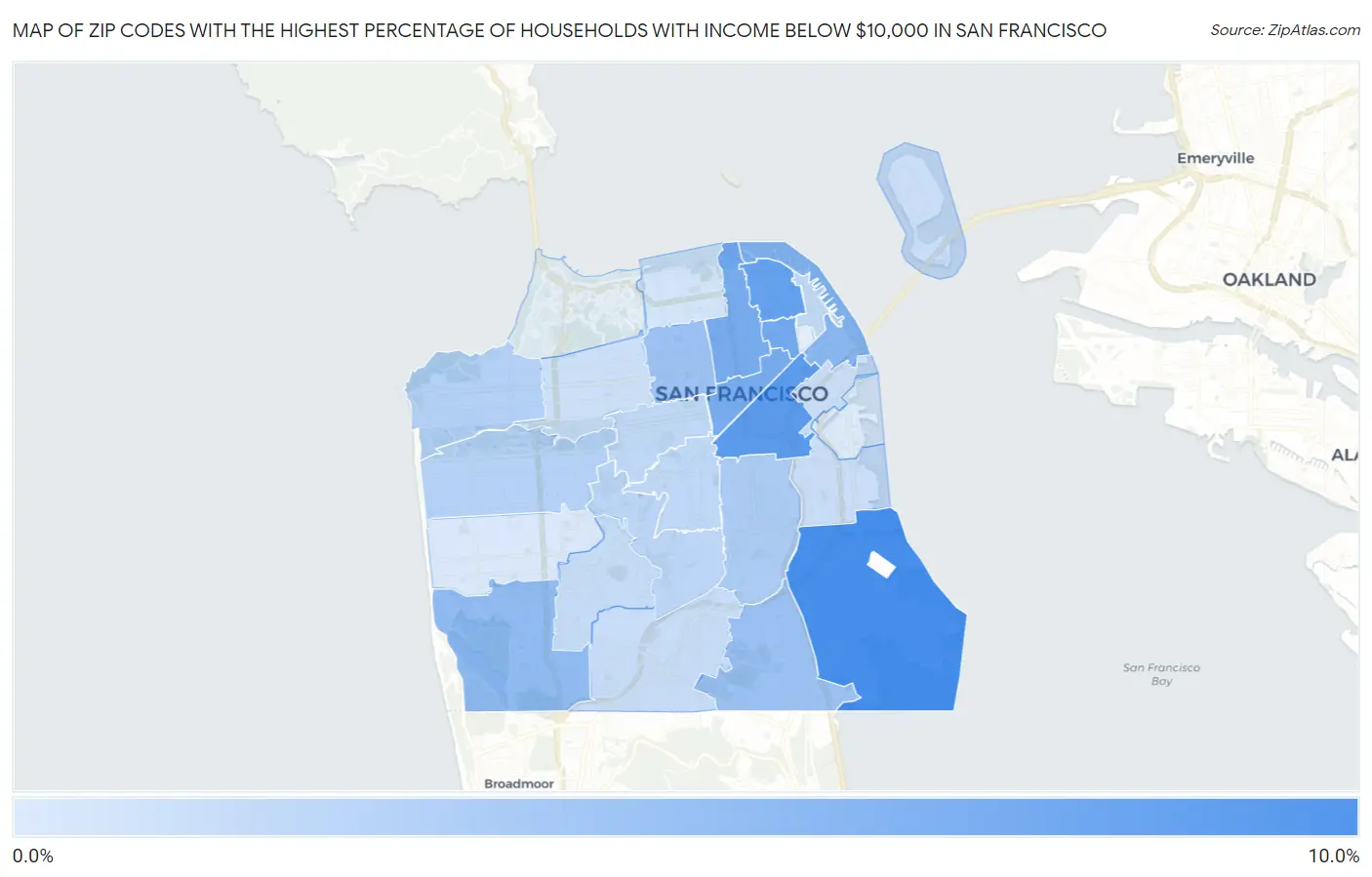 Zip Codes with the Highest Percentage of Households with Income Below $10,000 in San Francisco Map