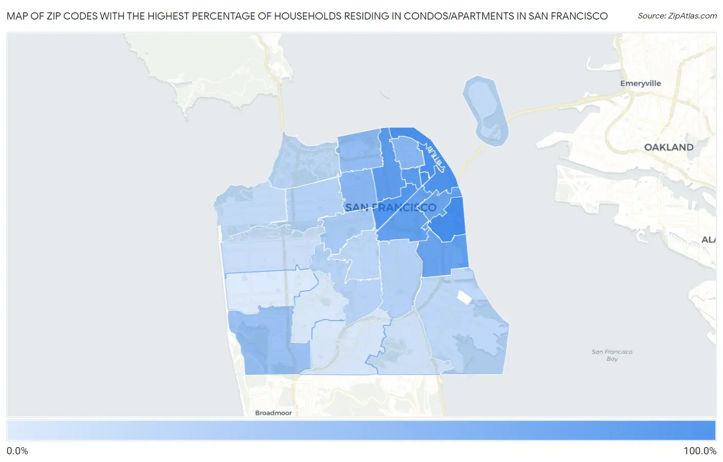 Zip Codes with the Highest Percentage of Households Residing in Condos/Apartments in San Francisco Map