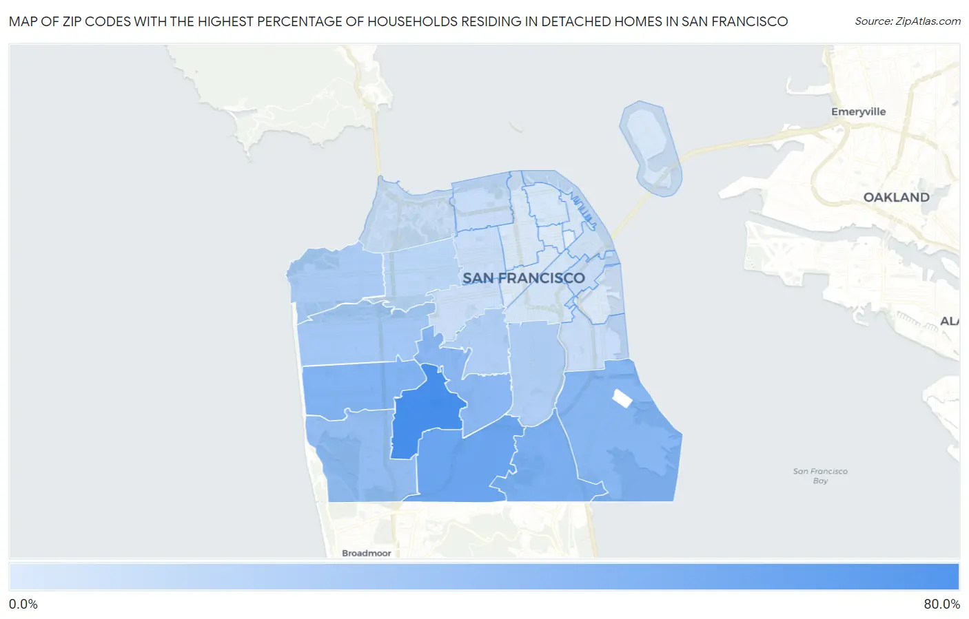 Zip Codes with the Highest Percentage of Households Residing in Detached Homes in San Francisco Map