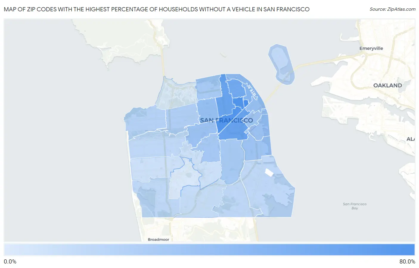 Zip Codes with the Highest Percentage of Households Without a Vehicle in San Francisco Map