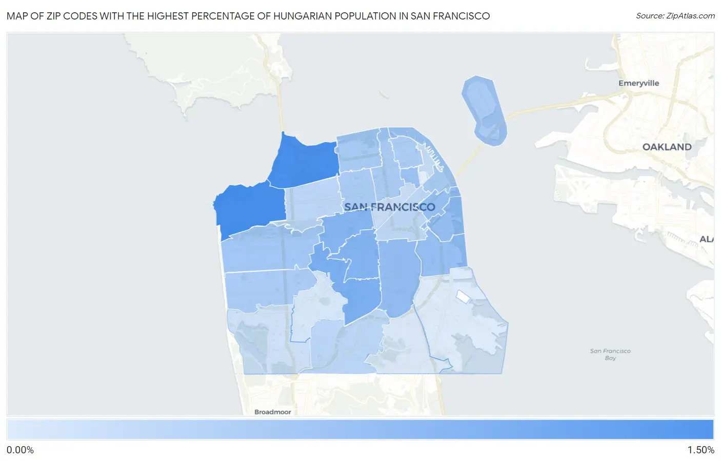 Zip Codes with the Highest Percentage of Hungarian Population in San Francisco Map