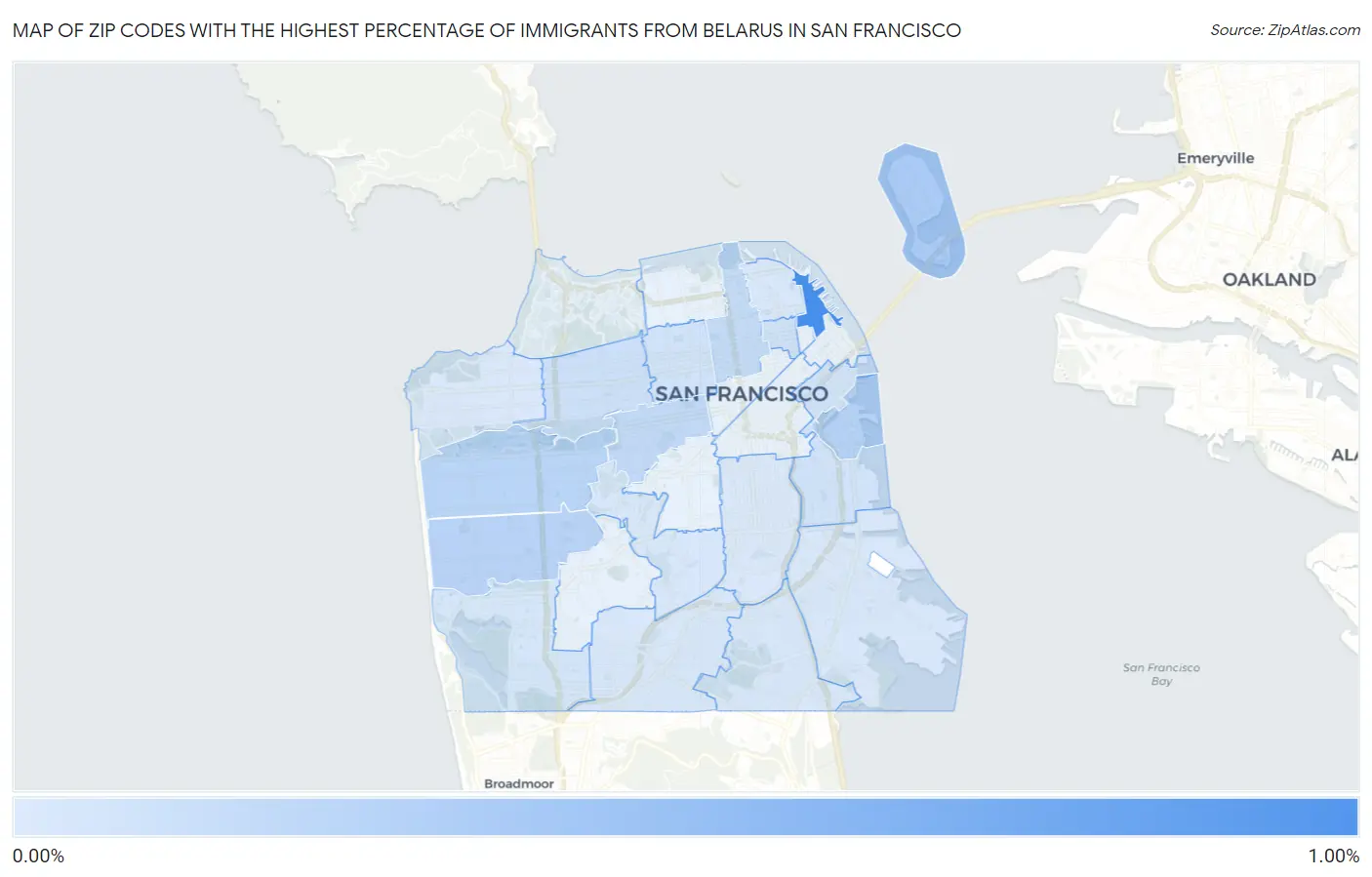 Zip Codes with the Highest Percentage of Immigrants from Belarus in San Francisco Map