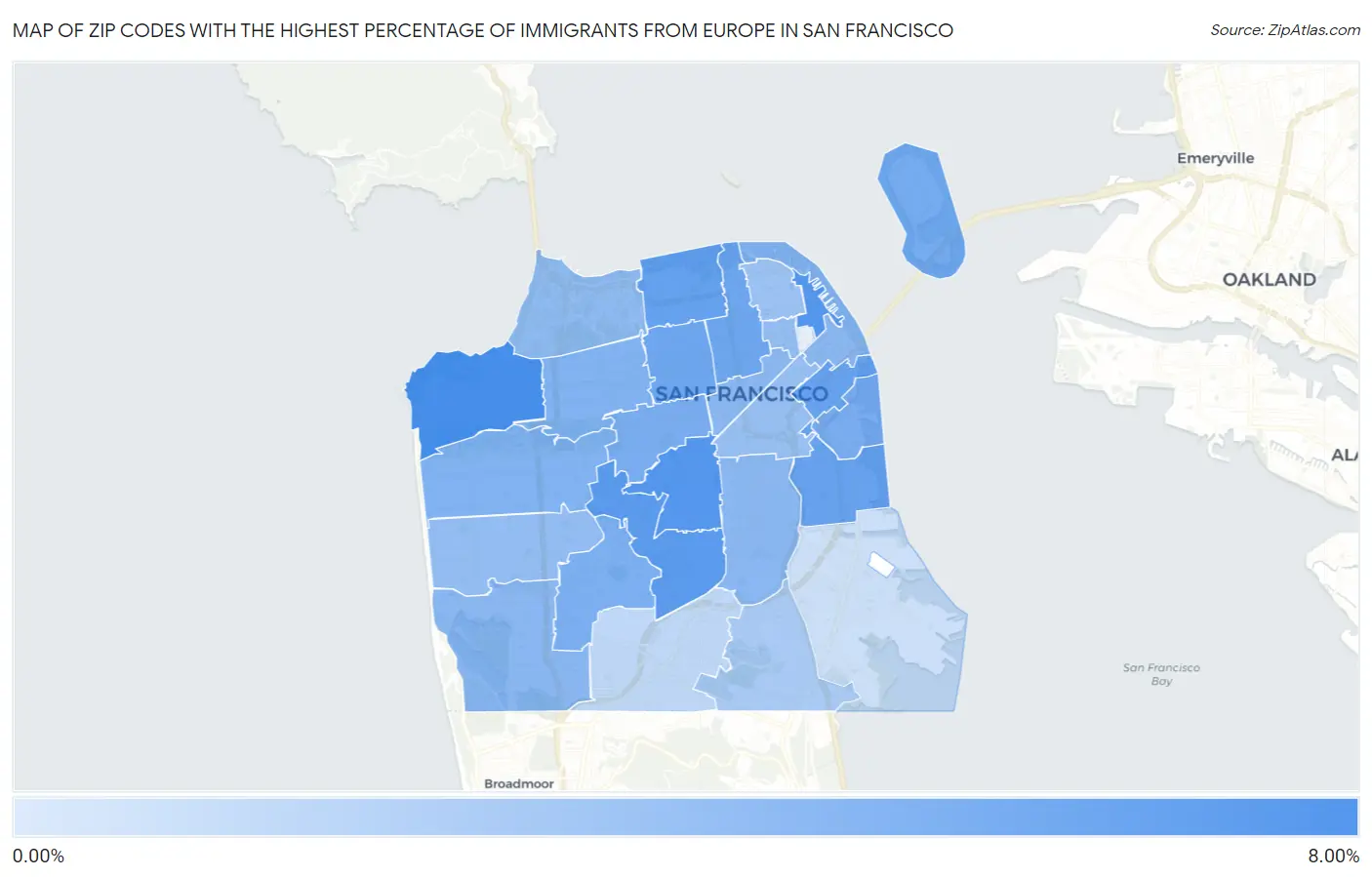 Zip Codes with the Highest Percentage of Immigrants from Europe in San Francisco Map