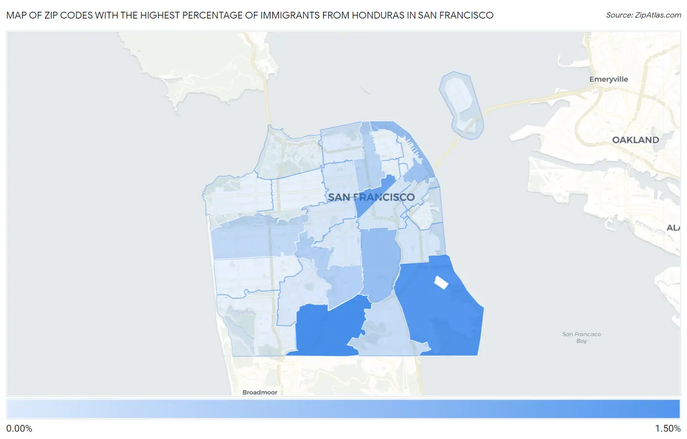 Zip Codes with the Highest Percentage of Immigrants from Honduras in San Francisco Map