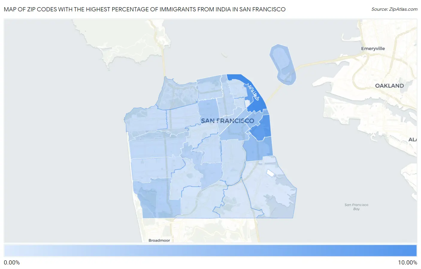 Zip Codes with the Highest Percentage of Immigrants from India in San Francisco Map