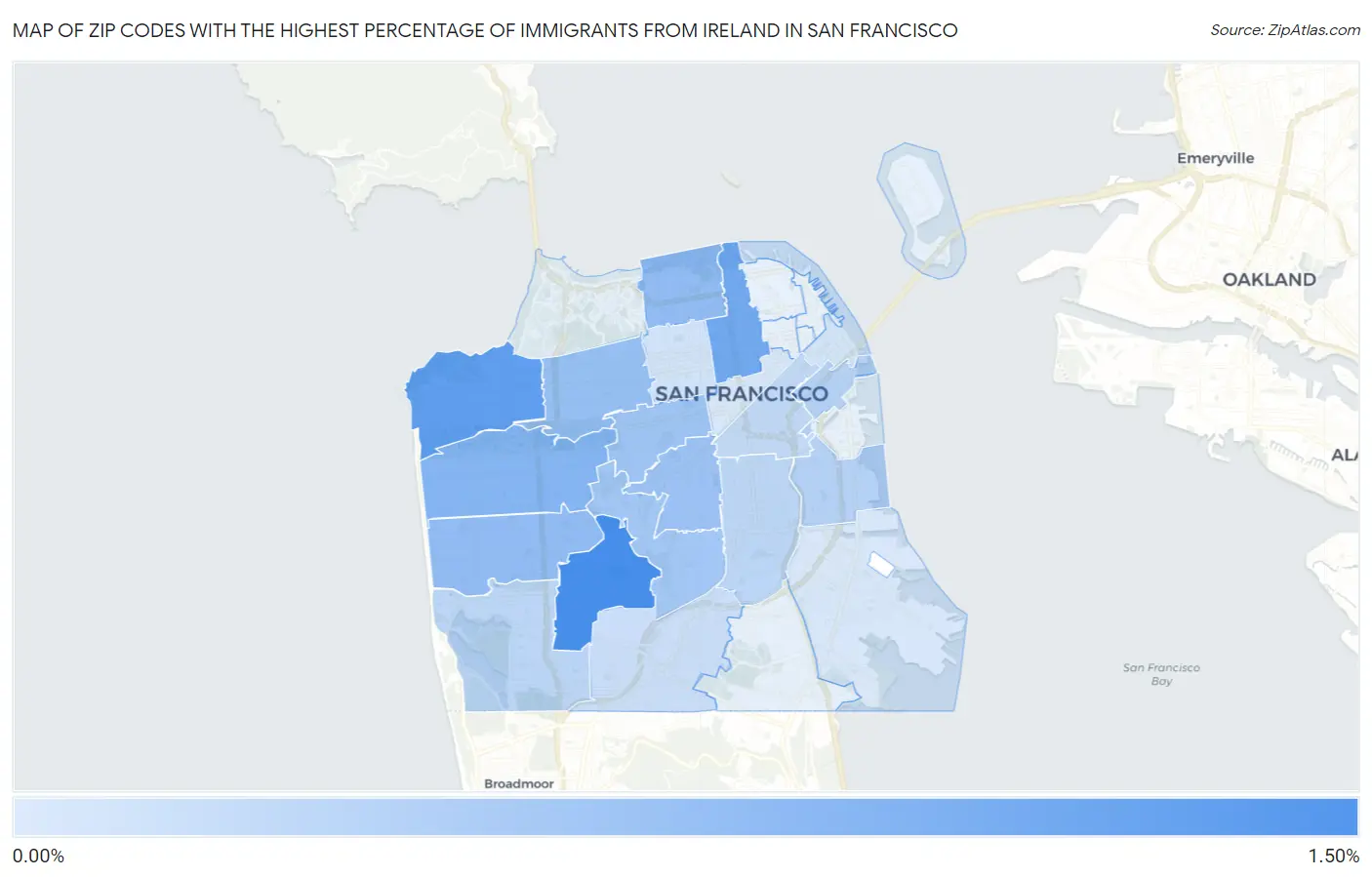Zip Codes with the Highest Percentage of Immigrants from Ireland in San Francisco Map