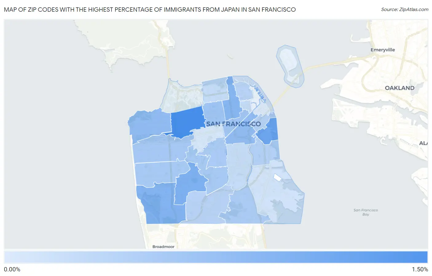 Zip Codes with the Highest Percentage of Immigrants from Japan in San Francisco Map