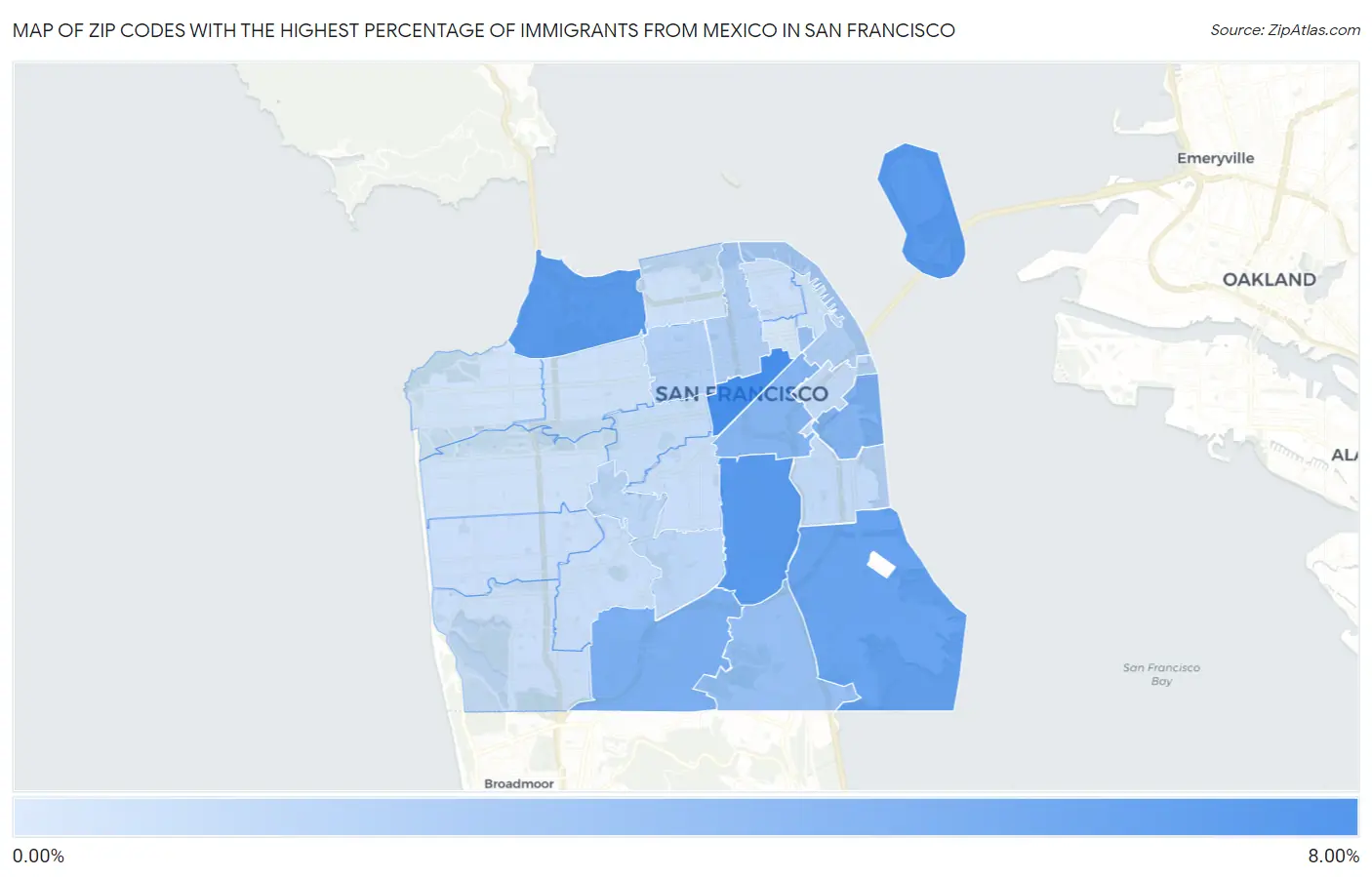 Zip Codes with the Highest Percentage of Immigrants from Mexico in San Francisco Map