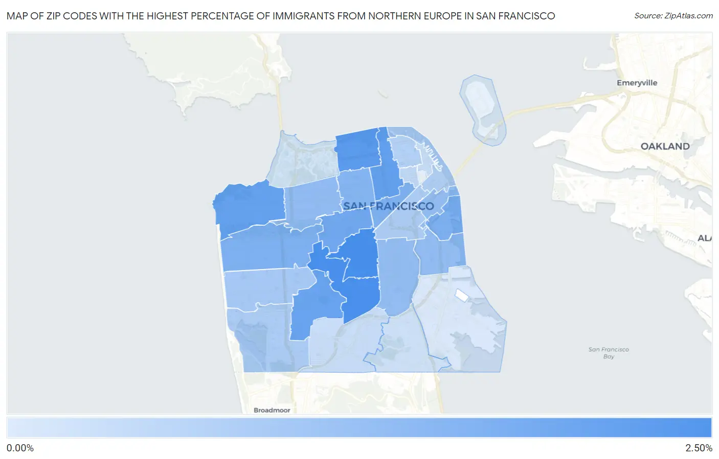 Zip Codes with the Highest Percentage of Immigrants from Northern Europe in San Francisco Map