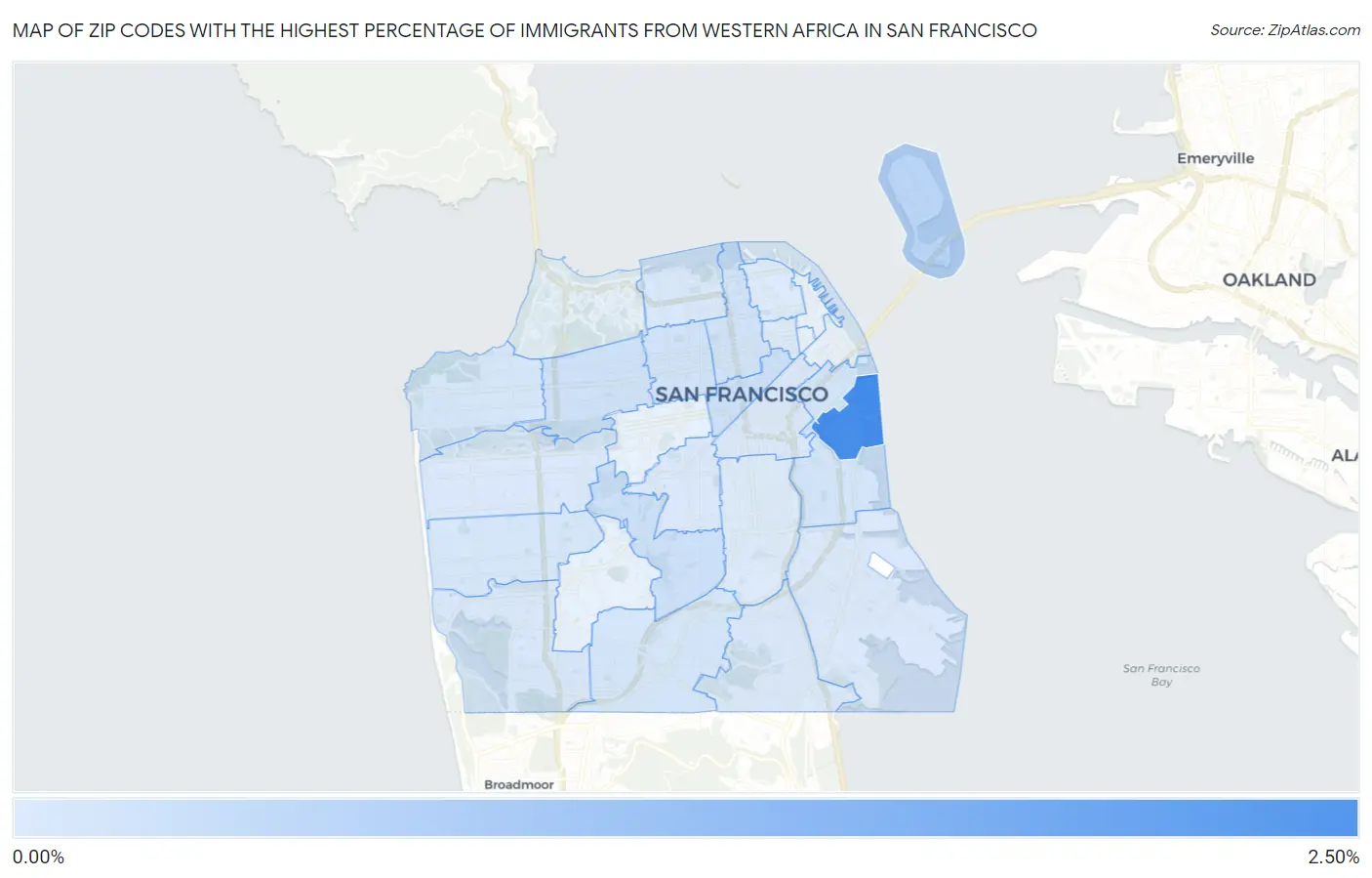 Zip Codes with the Highest Percentage of Immigrants from Western Africa in San Francisco Map