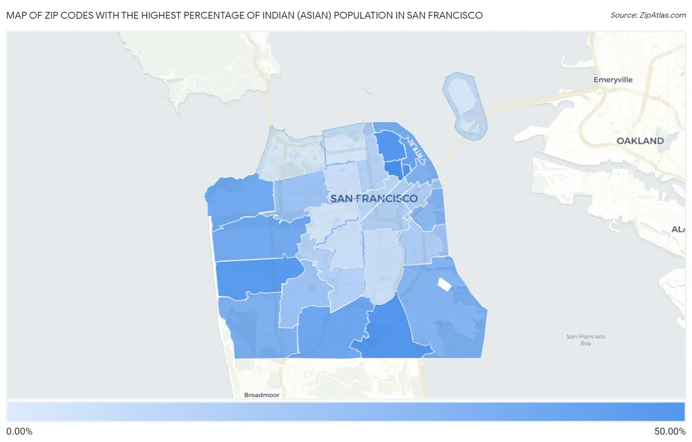 Zip Codes with the Highest Percentage of Indian (Asian) Population in San Francisco Map