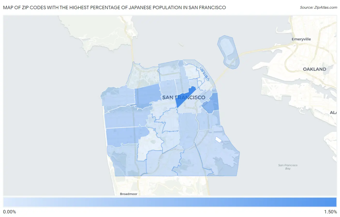 Zip Codes with the Highest Percentage of Japanese Population in San Francisco Map