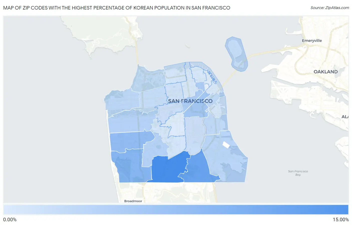 Zip Codes with the Highest Percentage of Korean Population in San Francisco Map