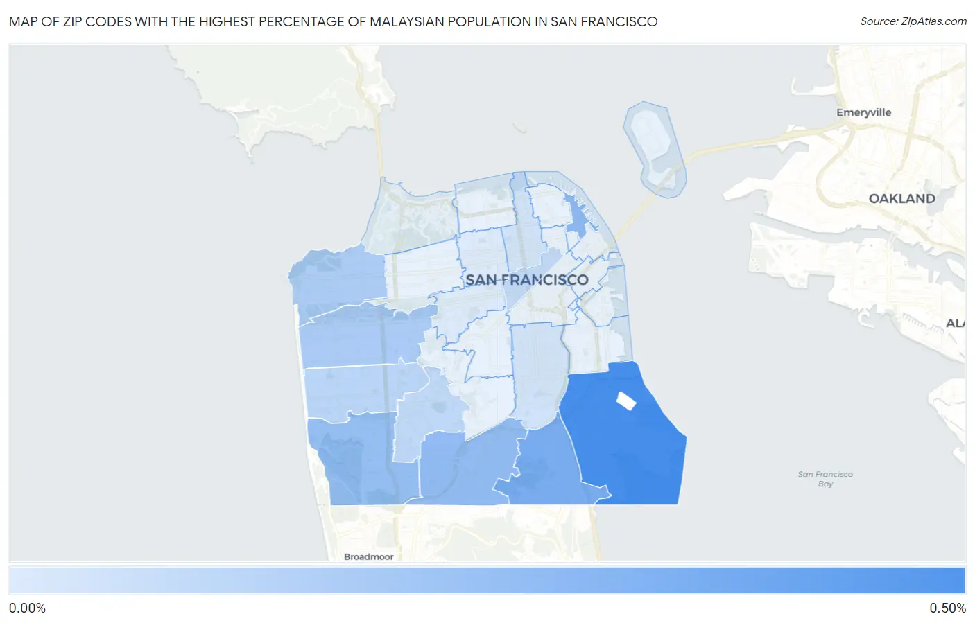 Zip Codes with the Highest Percentage of Malaysian Population in San Francisco Map